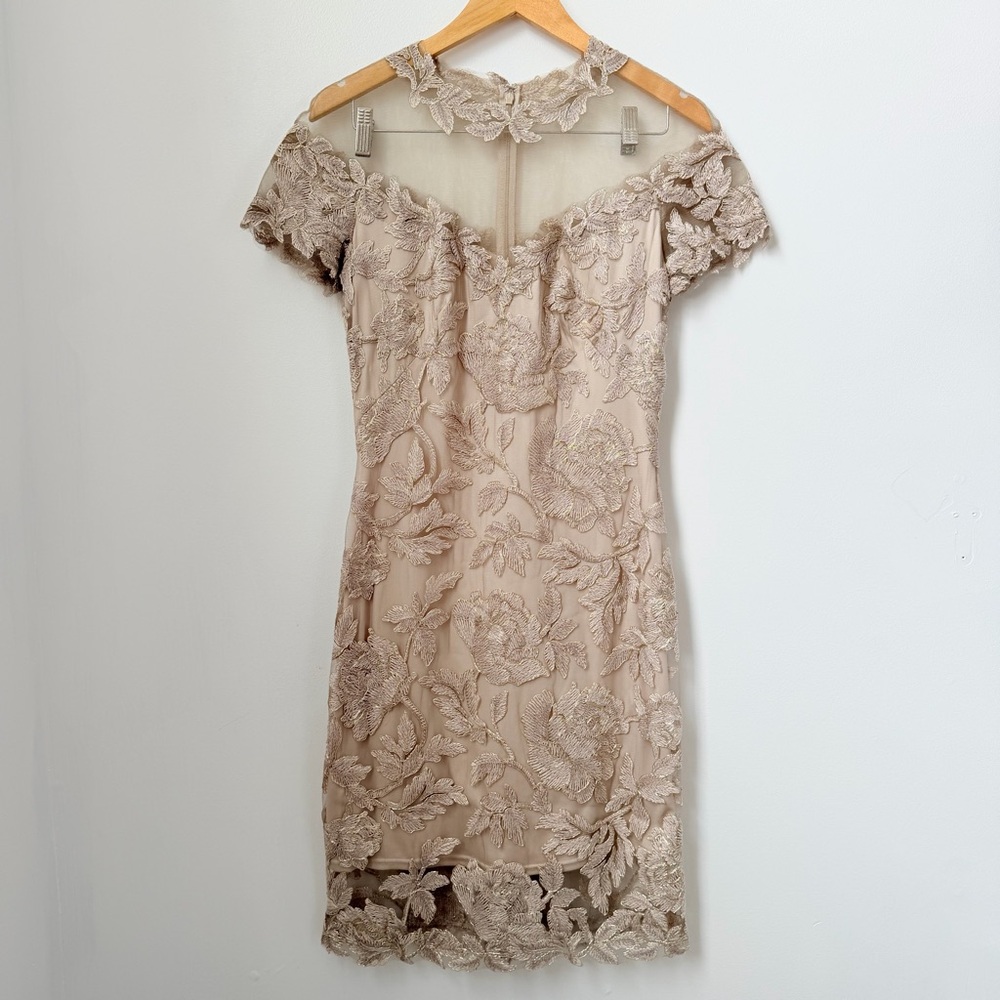 Tadashi Shoji Gold Floral Lace Illusion Neck Sheath Dress Womens 8 Champagne